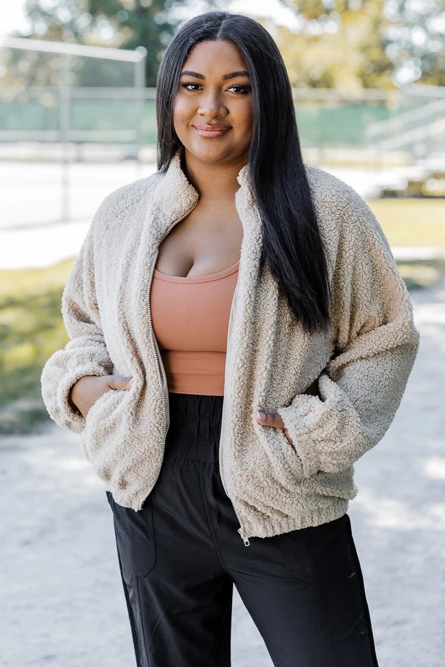 Making Me Proud Beige Sherpa Full Zip Jacket | Pink Lily