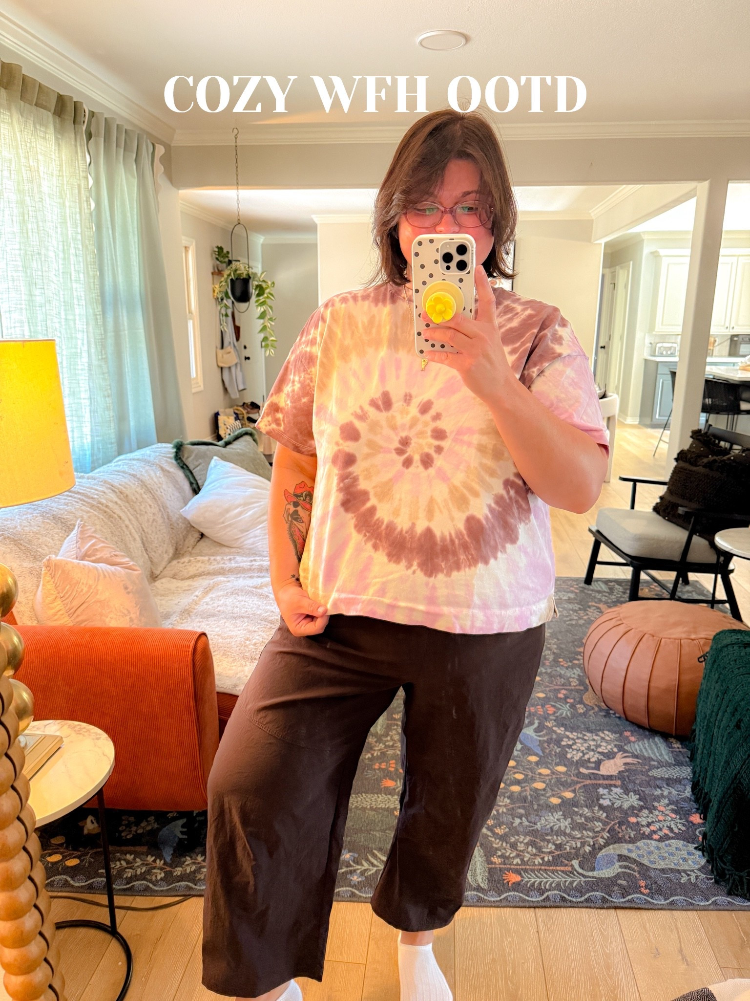 Tie-dye shirt, brown Aerie barrel pants, today's WFH fit proves comfy doesn't have to be boring. These barrel pants are easily my most-worn bottoms right now, soft, structured enough to not look like pajamas on camera, and the tie-dye adds just enough fun without trying too hard. Linked both on my LTK, the pants come in like five colors and I want all of them.

#LTKstyletip #LTKfindsunder50 #LTKfindsunder100 #aerie #aeriepants #wfhoutfit #cozyoutfit #ootd #barrelpants #tiedyeshirt #comfyoutfit #workfromhomestyle