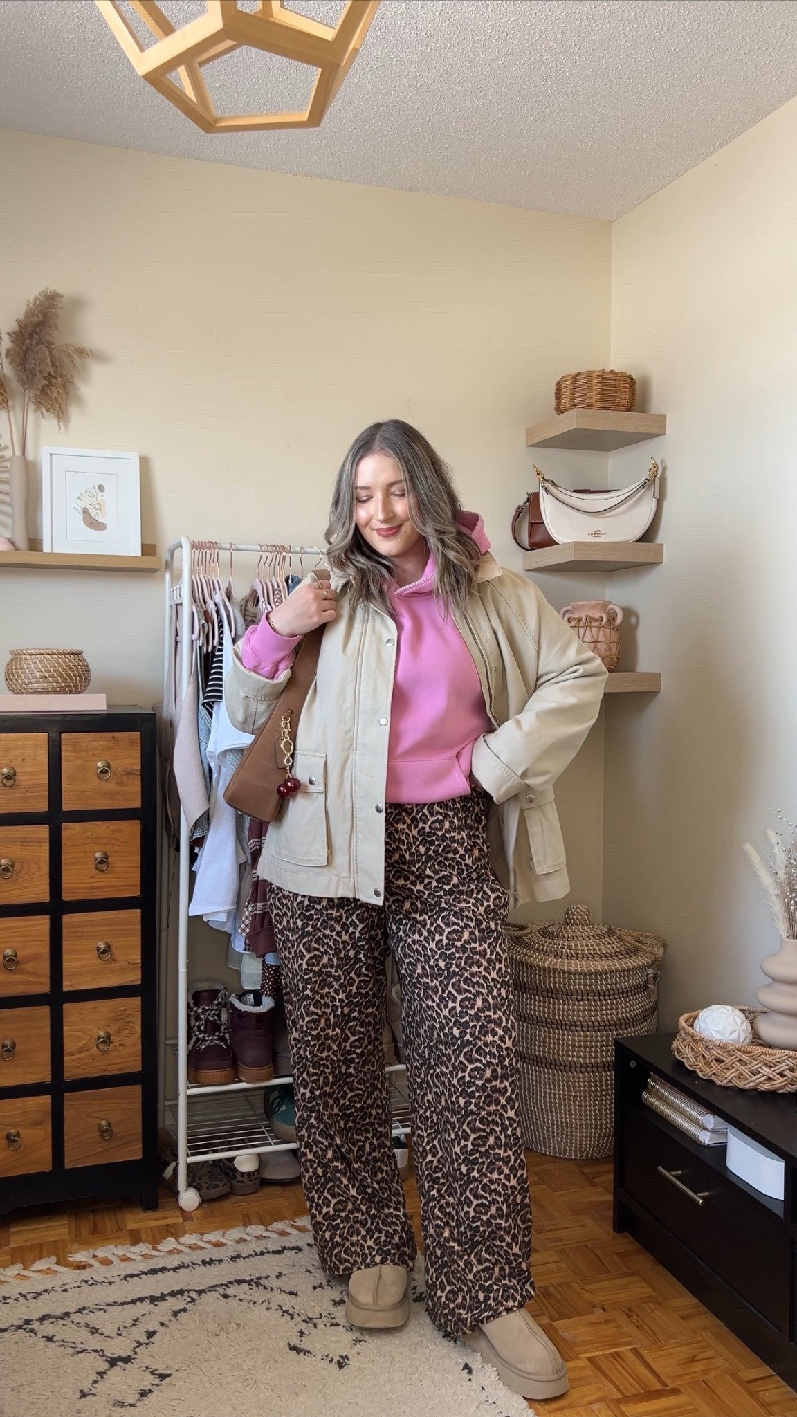 Winter to spring outfit!! Sized up to XL in the pink hoodie for an oversized fit. Leopard print pants are old but I linked similar. Also linked similar barn jackets. Ugg tazz platforms fit TTS

#LTKstyletip #LTKwinter #LTKmidsize