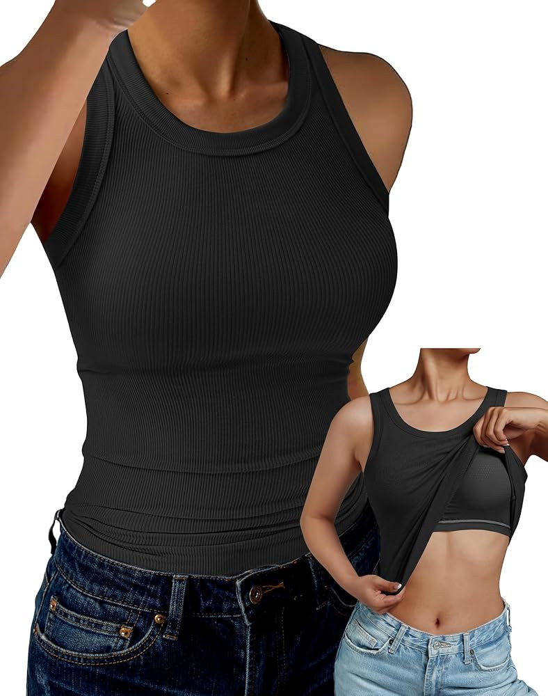 GKBK Tank Top for Women Built in Bra High Neck Ribbed Basics Tops Racerback Fitted Bra Tanks | Amazon (US)