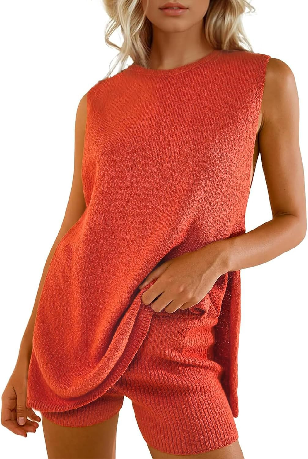 Wyeysyt 2 Piece Sets for Women Summer, Sweater Set Sleeveless Tunic Top and Shorts Beach Vacation Sets Tracksuits | Amazon (US)