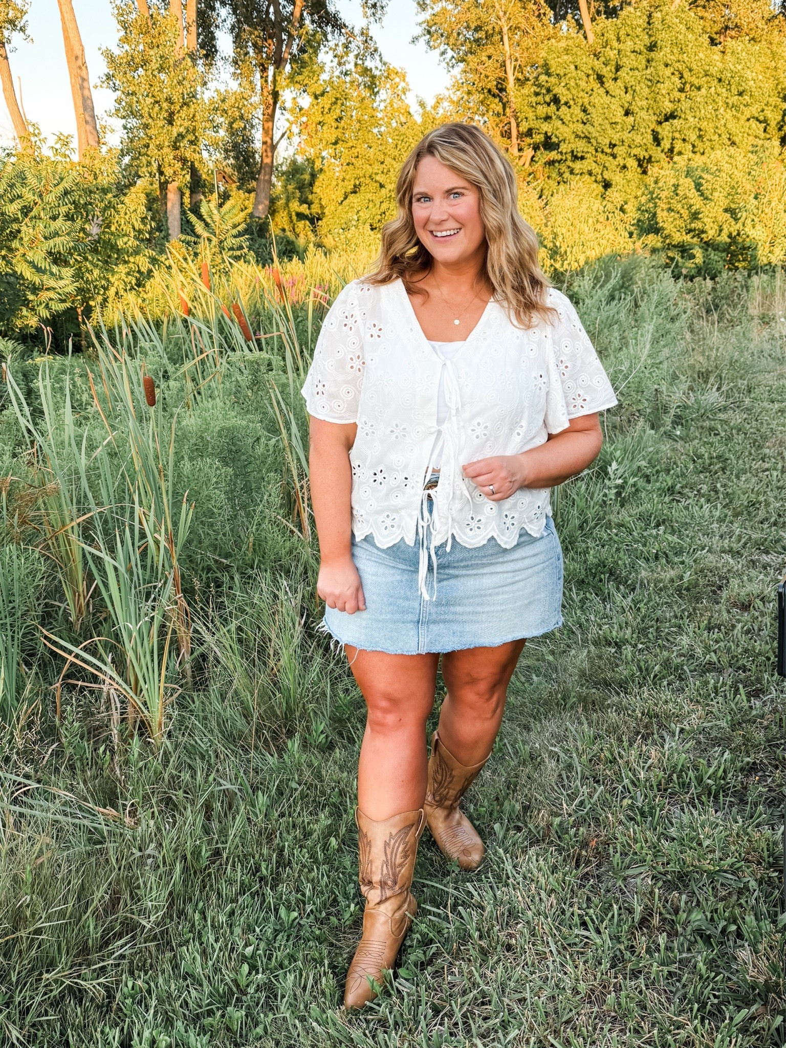 Wearing an XL in my white eyelet top.  My denim skirt is older so linking similar.  

Country concert outfit

#LTKMidsize #LTKSeasonal #LTKPetite