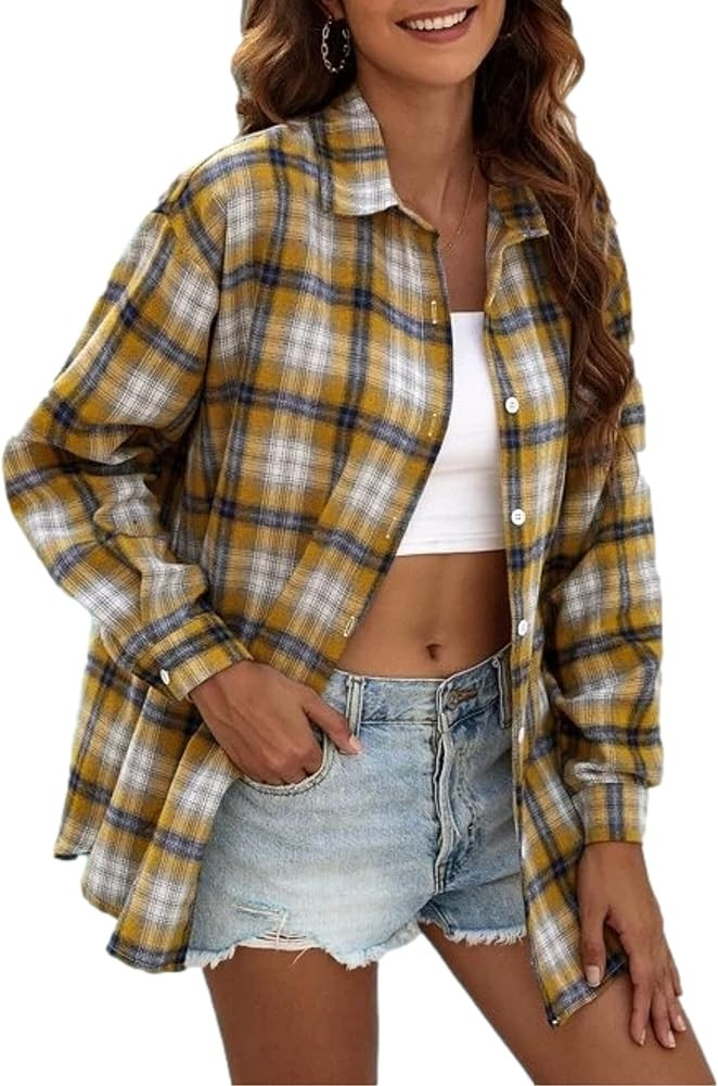 Bozanly Flannel Buffalo Plaid Shirts for Women Oversized Button Down Shacket Blouse Tops | Amazon (US)