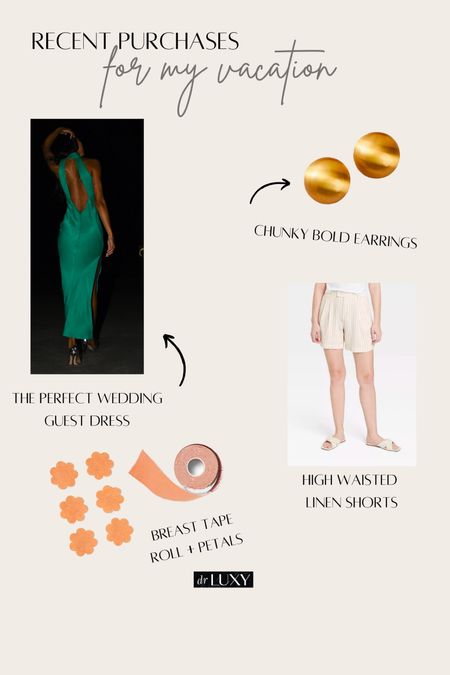 Recent purchases for my vacation 

Meshki satin dress (green, size small, TTS) - super comfy wedding guest dress 
Gold chunky earrings 
Breast tape and breast petals 
Linen shorts (size 4, TTS) high waisted

Vacation outfits
Wedding guest dresses 
Festival 







#LTKFestival #LTKwedding #LTKtravel