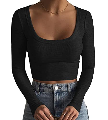 Artfish Women's Square Neck Long Sleeve Ribbed Slim Fitted Casual Basic Crop Top (Black, XL) | Amazon (US)