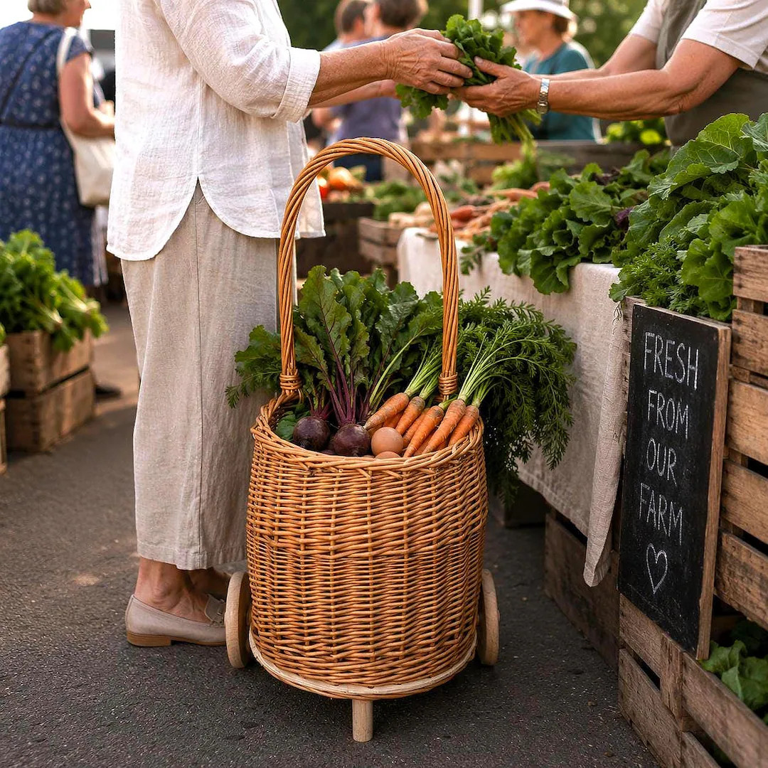 Wicker Shopping Cart with Handle and Wheels \u2013 French Market Basket Trolley for Grocery, Ratt... | Etsy (Global)