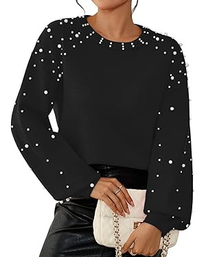 Pink Queen Pearl Sweater for Women 2025 Fashion Fall Winter Chunky Crewneck Lantern Sleeve Loose ... | Amazon (US)