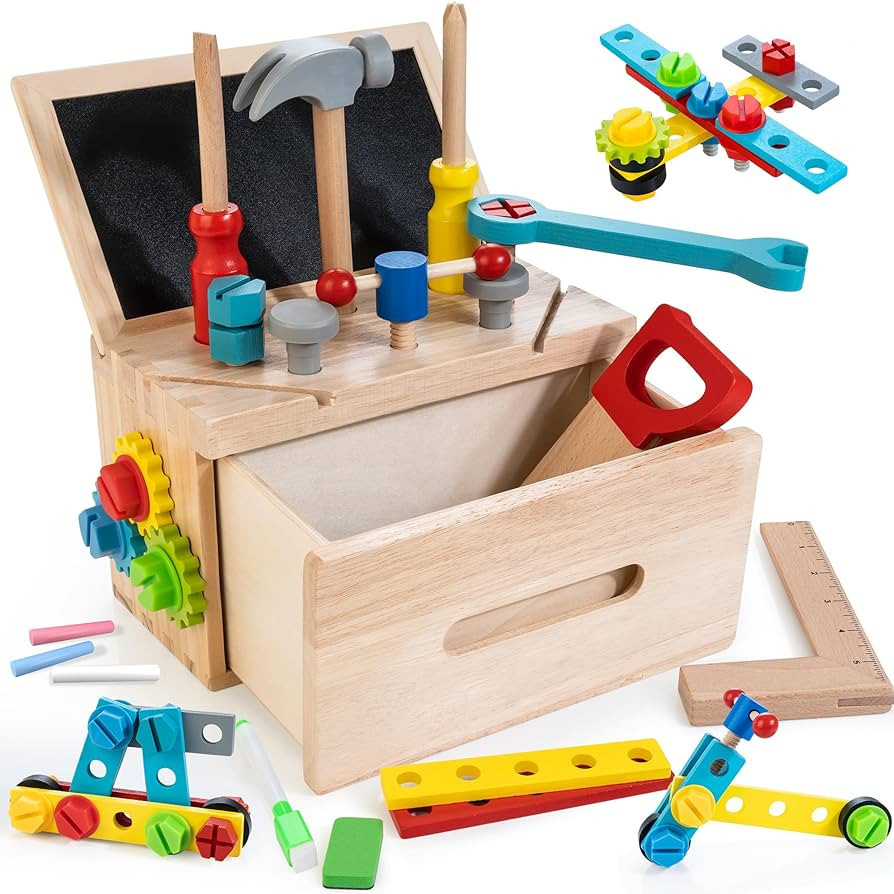 WOODMAM Wooden Tool Bench Set for Kids - 39-Piece Pretend Play Workbench with Dual-Use Doodle Boa... | Amazon (US)