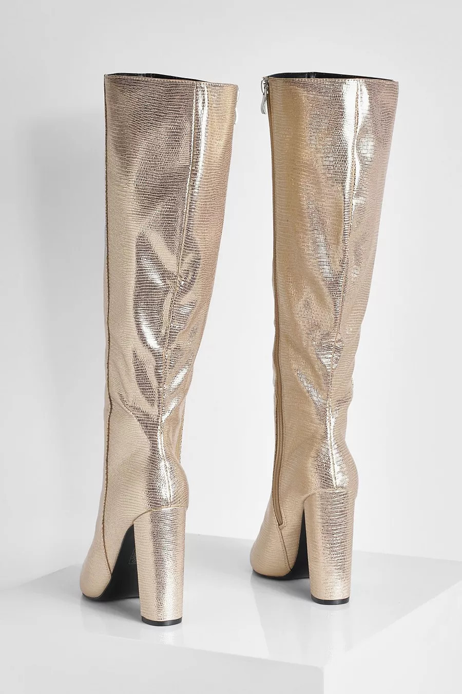 Metallic Pointed Knee High Heeled Boots | Boohoo.com (US & CA)