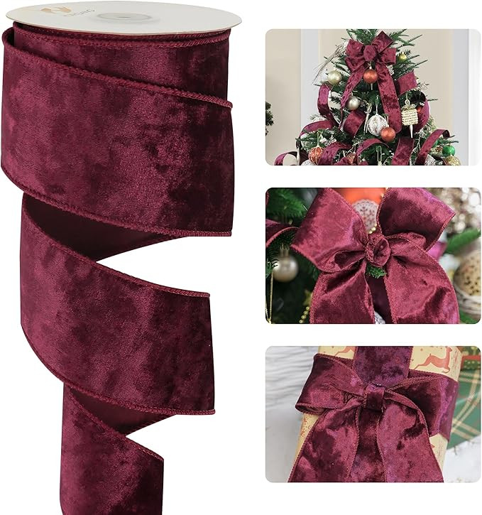 HUIHUANG Burgundy Velvet Ribbon Wired 2-1/2 inch, Christmas Velvet Ribbon for X-mas Tree, Large B... | Amazon (US)