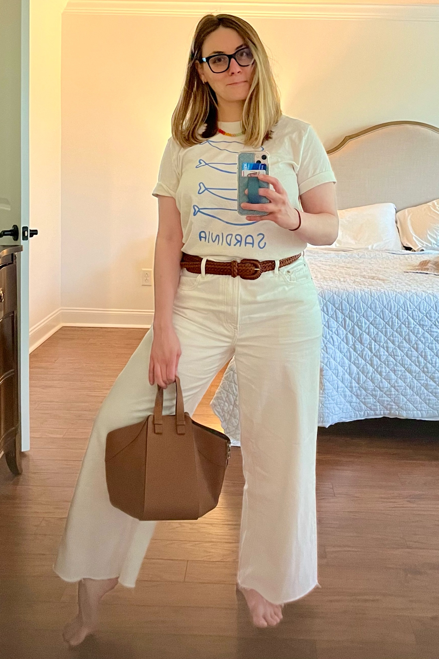 Outfit for shopping today! White jeans. Woven belt. Stone necklace. Tee is from Joseph + Sue.

#LTKStyleTip #LTKMidsize #LTKFindsUnder100