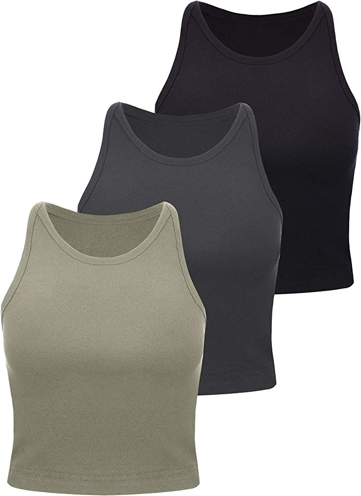 3 Pieces Women's Cotton Basic Sleeveless Racerback Crop Tank Top Sports Crop Top for Lady Girls Dail | Amazon (US)