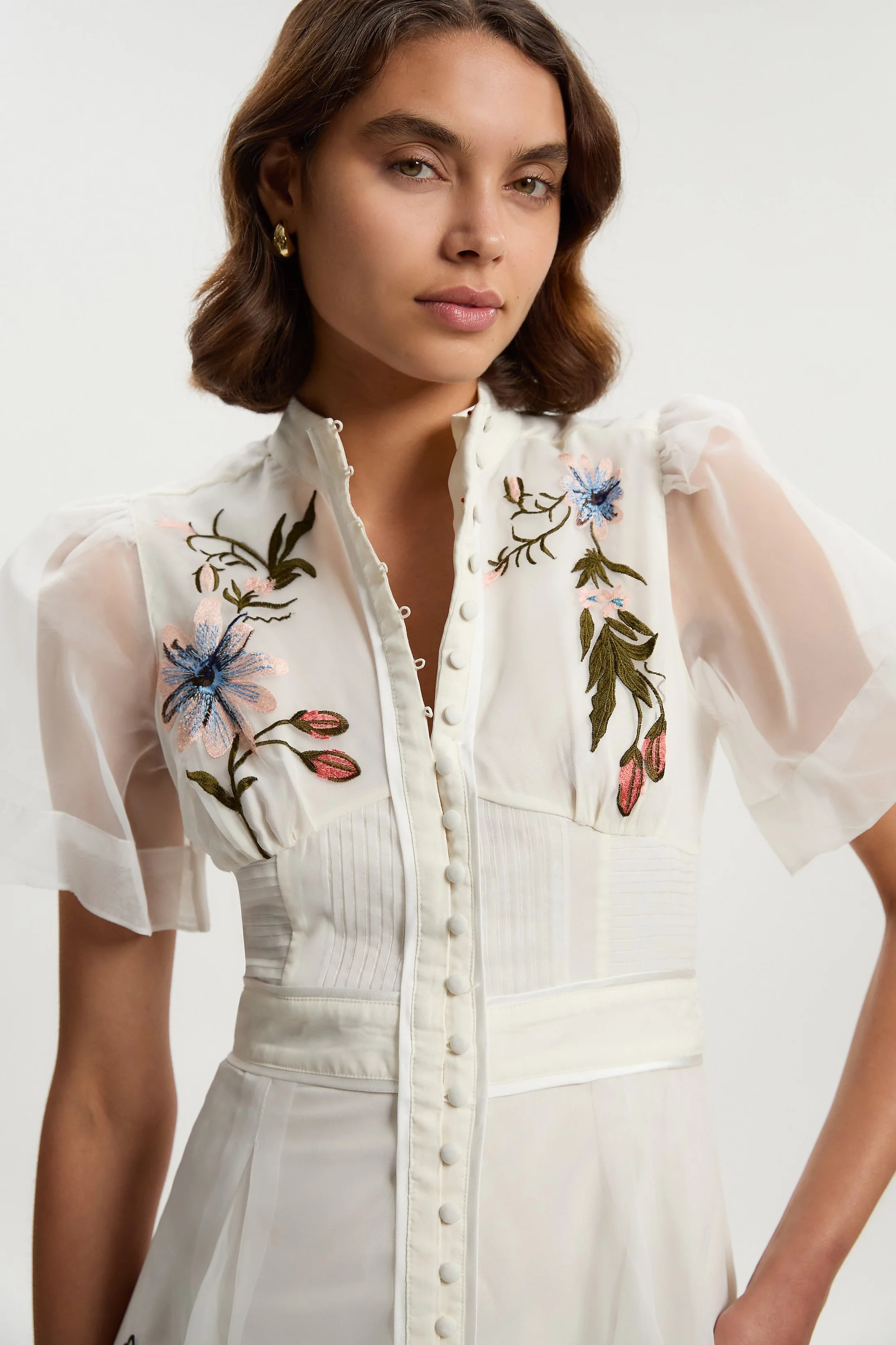 Botanical Embroidery Organdie Angel Sleeve Midi Dress | Karen Millen UK + IE + DE + NL