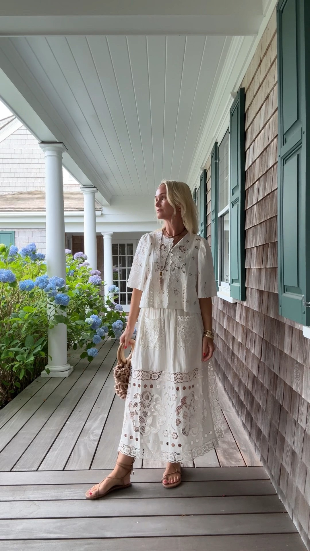 The coolest summer set. Also comes in shorts and a dress version. Paired it with my favorite ankle wrap sandals, shell jewelry and fisherman rope bag