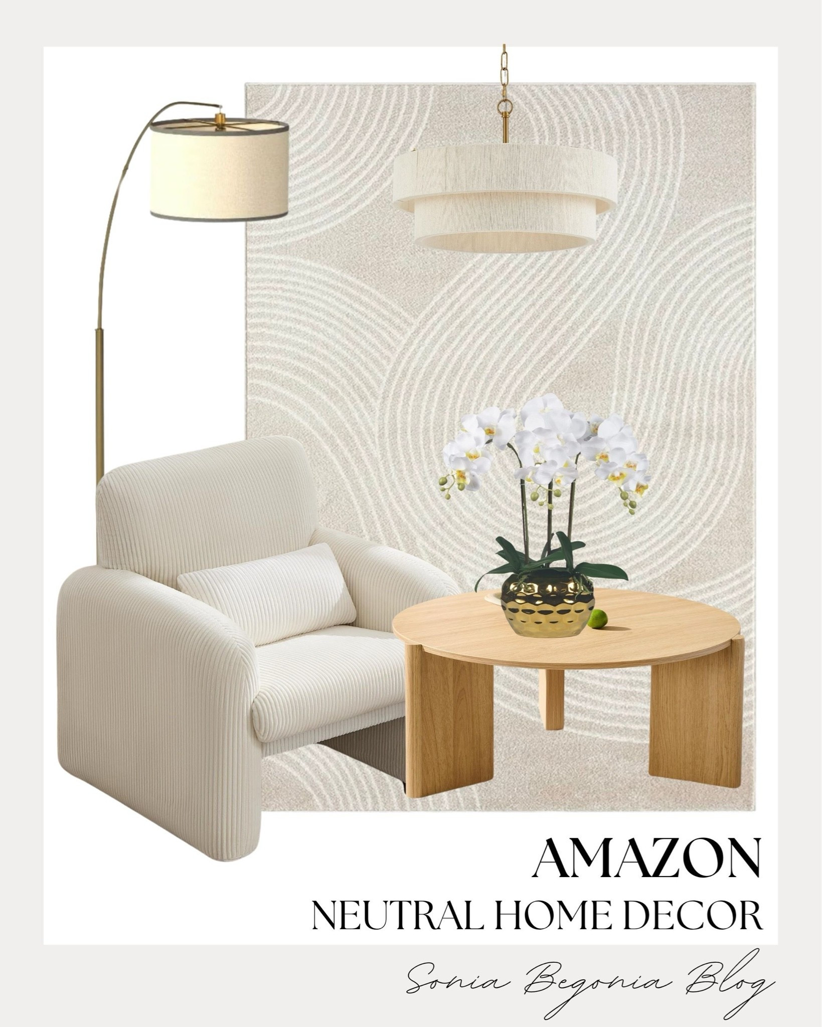 Neutral home decor inspo! 🛋️

I curated cozy living room essentials featuring a textured cream armchair, wooden round coffee table, layered pendant light, and a curved floor lamp.

Completed with a textured area rug and potted white orchids for a bright, serene space. ✨

#AmazonHome #NeutralDecor #LTKhome #LivingRoomInspo #HomeStyling #CozyHome #MinimalistInterior #DecorPicks

#LTKHome
