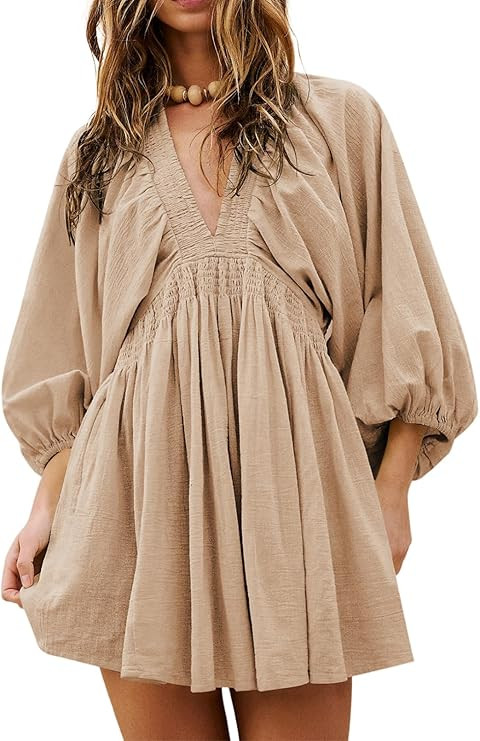 Acelitt Womens Fall Long Sleeve V Neck Tunic Dress Casual Loose Flowy Swing Shift Mini Dresses | Amazon (US)