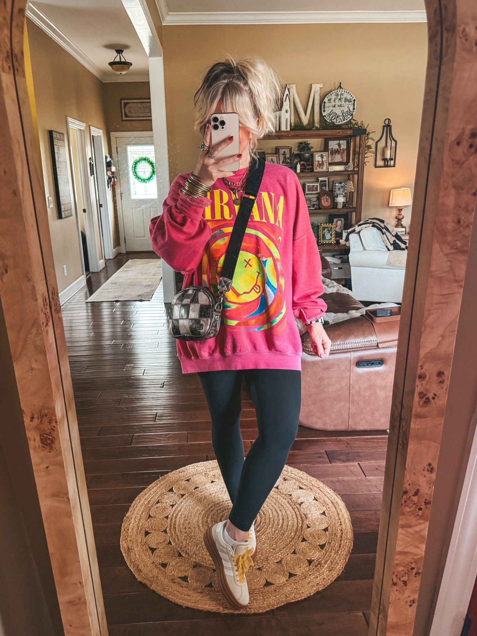 Sweatshirt X/L 
Leggings M
Adidas sized down one 
Checkered ring and turquoise ring save with code MANDIE
Black link necklace is @twisted silver save with code MANDIE20


#LTKOver40 #LTKootd #LTKgrwm