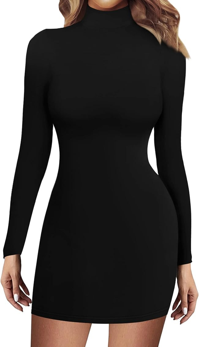 DOKIDOO Women's Turtle Neck High Neck Long Sleeve Bodycon Dress Casual Fitted Mini Tight Dresses | Amazon (US)