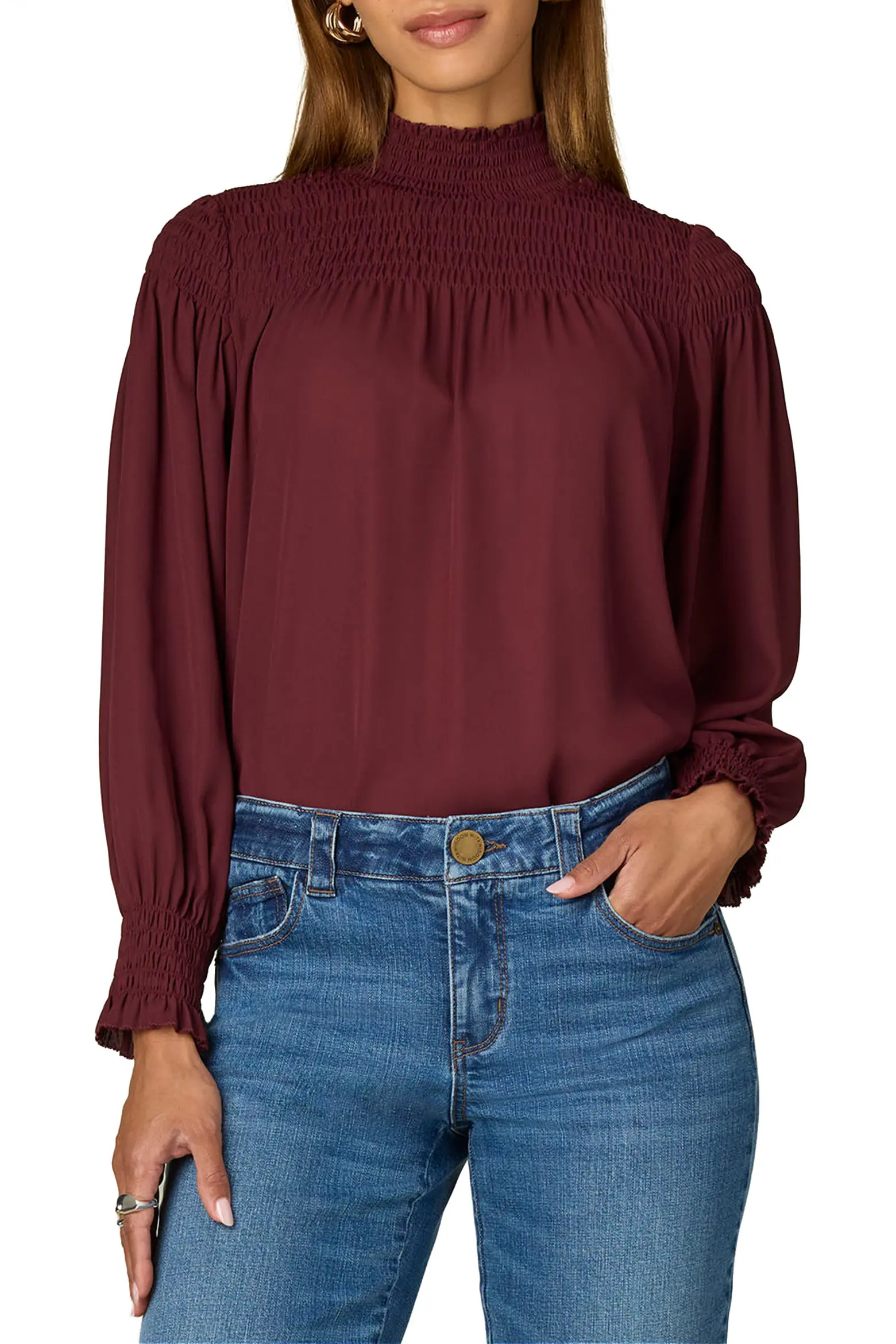 Wit & Wisdom Long Smock Flounce Sleeve Funnel Neck Top (Women) | Nordstrom | Nordstrom