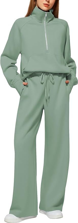 Women's 2 Piece Outfits Lounge Set 2024 Oversized Half Zip Sweatshirt Wide Leg Sweatpant Set Swea... | Amazon (US)