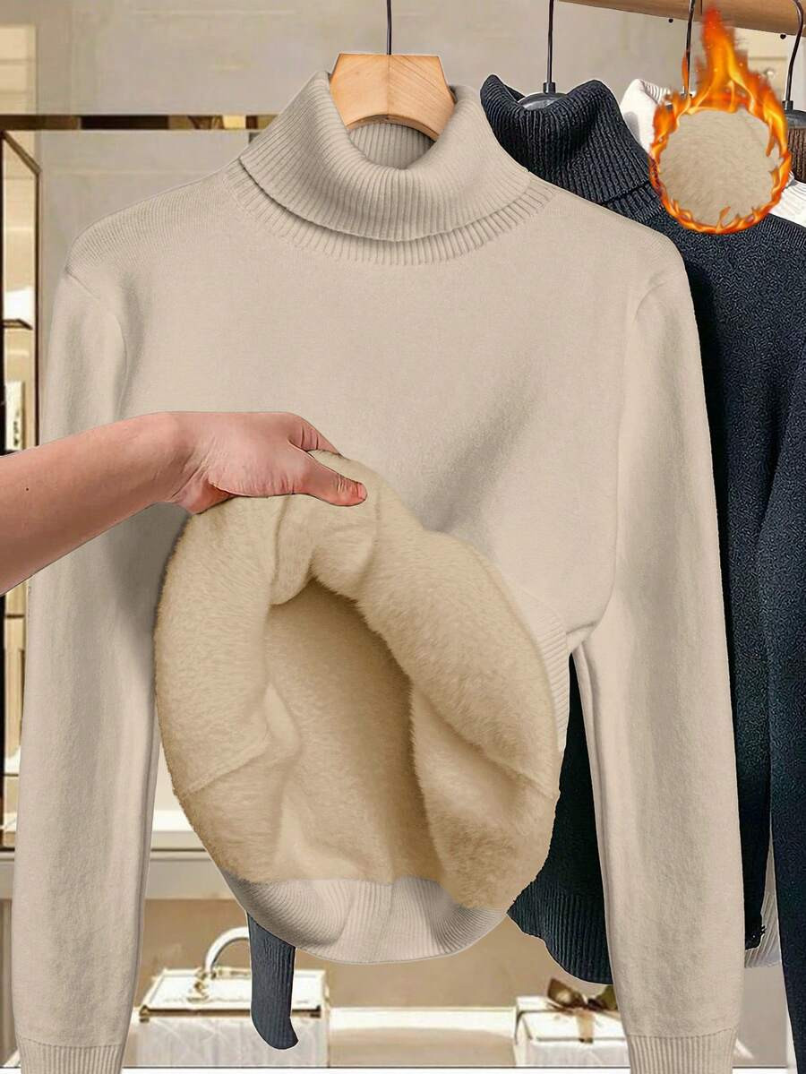 SHEIN LUNE Plus Size Women's Solid Color Turtleneck Long Sleeve Fleece Pullover Sweater, Autumn/W... | SHEIN