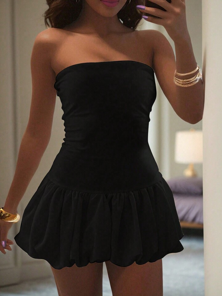 INAWLY Solid Ruffle Hem Tube Dress Strapless Dress For Summer | SHEIN