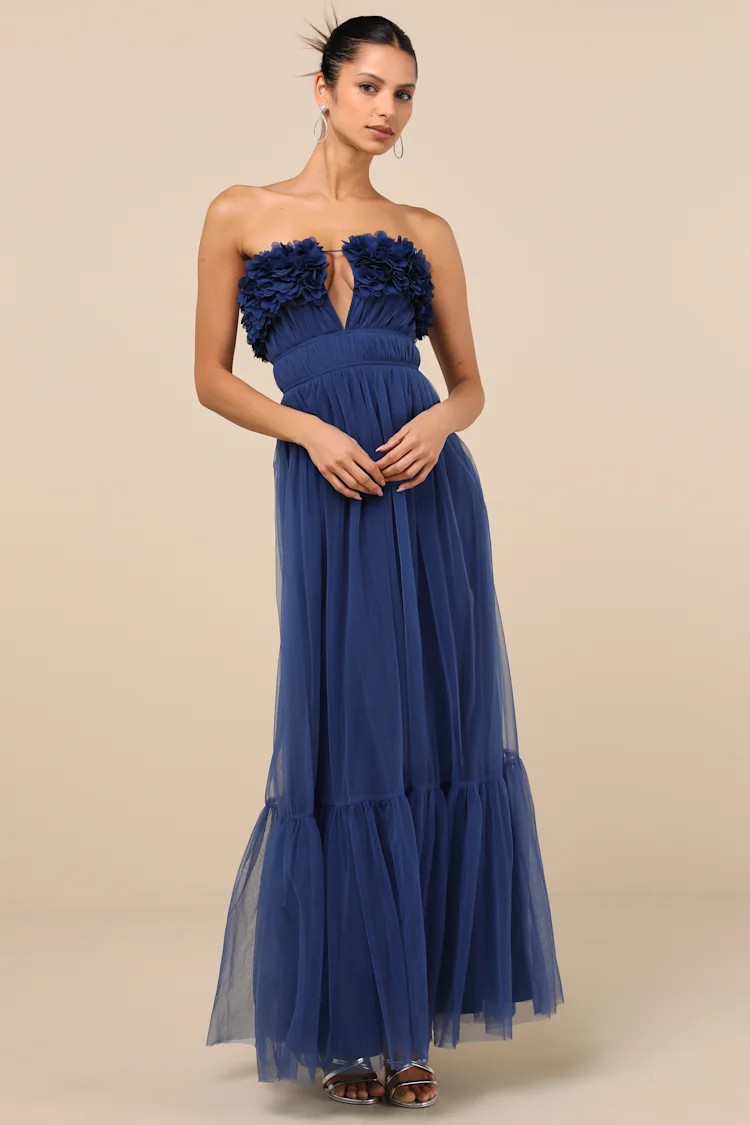 Chic Spectacle Navy 3D Applique Strapless Maxi Dress | Lulus