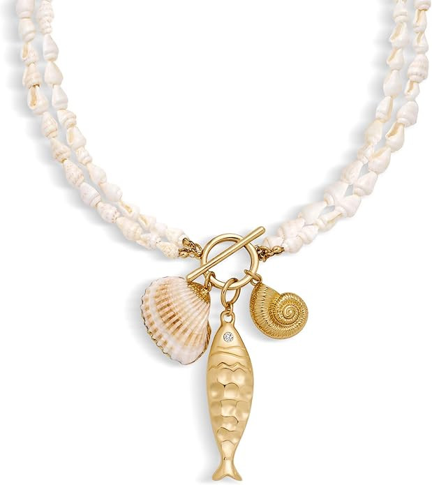 Gold Fish Necklace For Women Blued Beaded Strand Toggle Necklace With Gold Fish Pendants Dainty S... | Amazon (US)