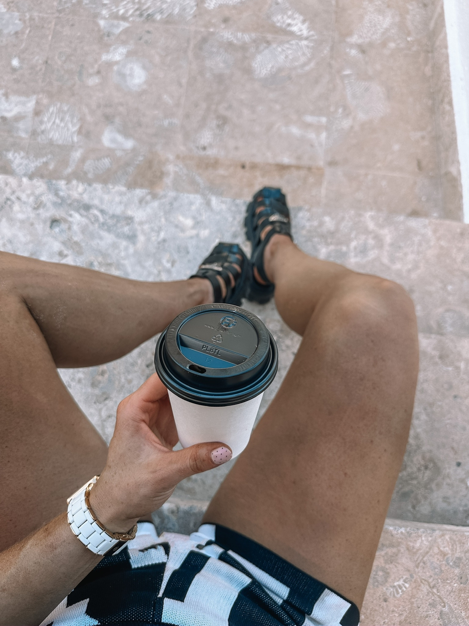 Black & white shorts, Prada lug sole fisherman sandals, vacation look, resort wear