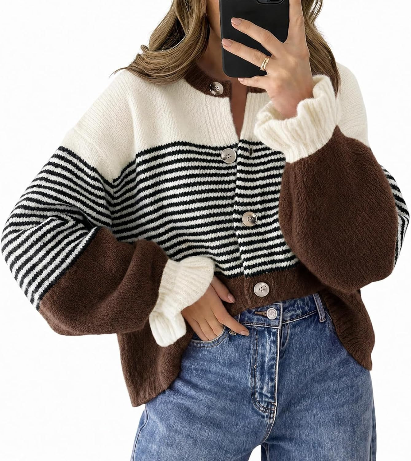 Saodimallsu Womens 2026 Fall Trendy Striped Cardigan Sweaters Ruffle Sleeve Button Up Loose Color Block Sweater Coats | Amazon (US)