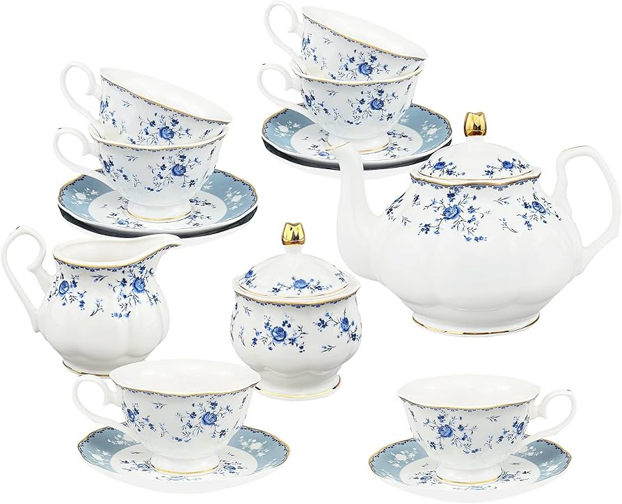 fanquare 21 Piece Floral Porcelain Tea Set, British Tea Cup and Saucer Set for 6, Tea Party Set f... | Amazon (US)