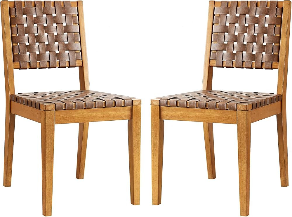 Amazon Brand – Rivet Faux Leather Woven Dining Chair with Wood Frame, Set of 2, 18"W, Brown | Amazon (US)