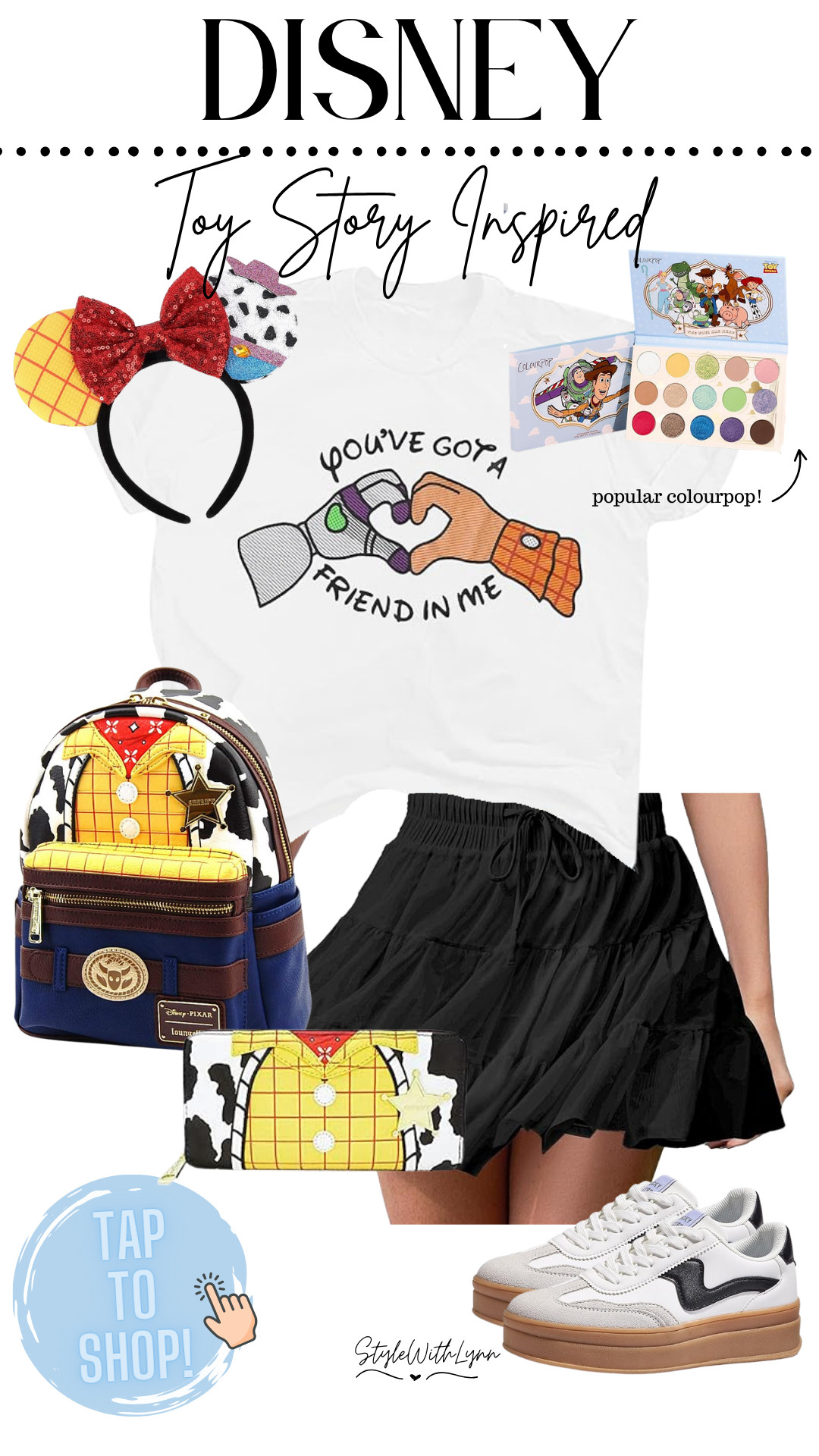 You've got a friend in style 🤠👽💫 This Toy Story-inspired Disney look is full of Pixar-perfect details! Featuring an adorable Woody & Buzz “heart hands” tee, matching skort, Toy Story Minnie ears, a themed Loungefly backpack + wallet, and fun, vibrant ColourPop makeup to tie it all together 💙💛💚 Whether you're headed to Disney Parks or just repping your Pixar faves, this colorful outfit is a total standout! Tap to shop the full look and add a little magic to your wardrobe! 

 #ToyStoryStyle #DisneyOutfitInspo #WoodyAndBuzz #LTKDisney #DisneyParksLook #ColourPopDisney #PixarFashion #LTKunder100