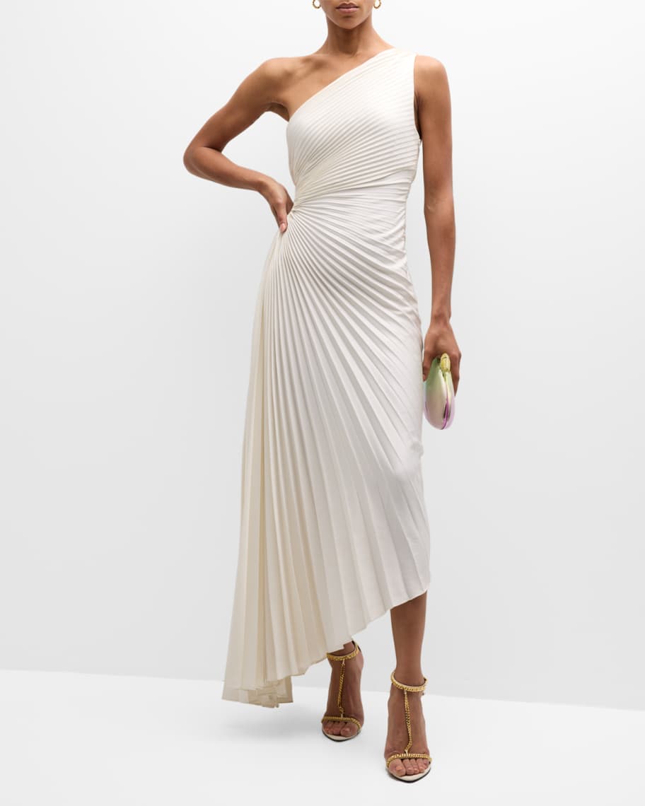 Delfina Pleated Long Asymmetric One-Shoulder Dress | Neiman Marcus