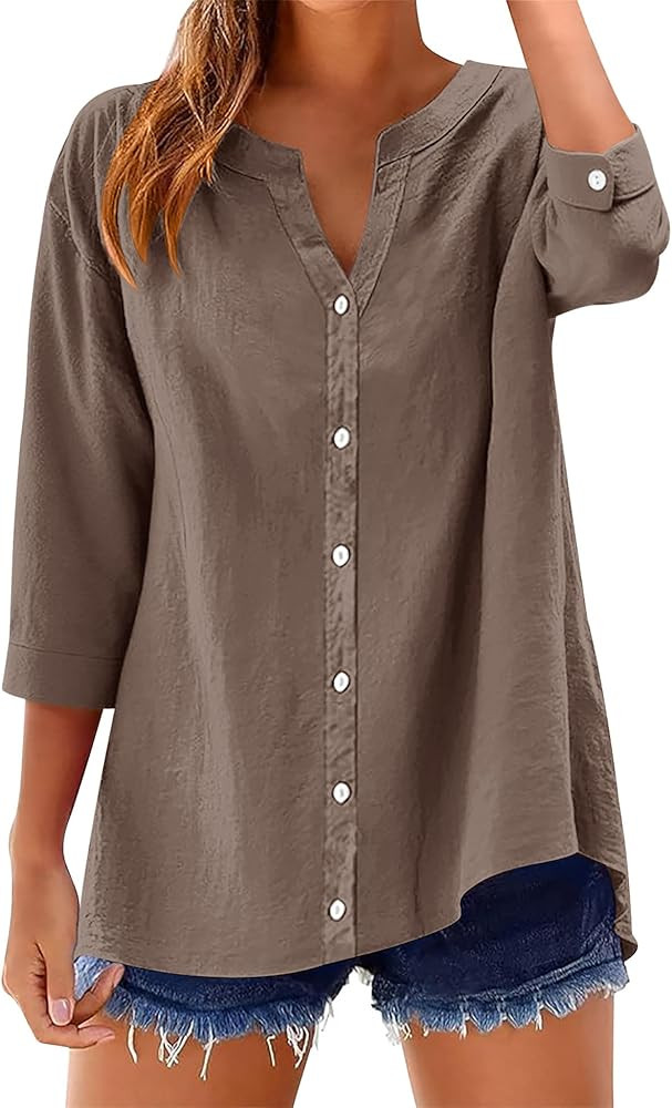 LOMON Womens 3/4 Sleeve Button Down Shirts Cotton Linen Roll Up Short Sleeve Tops V Neck Casual L... | Amazon (US)