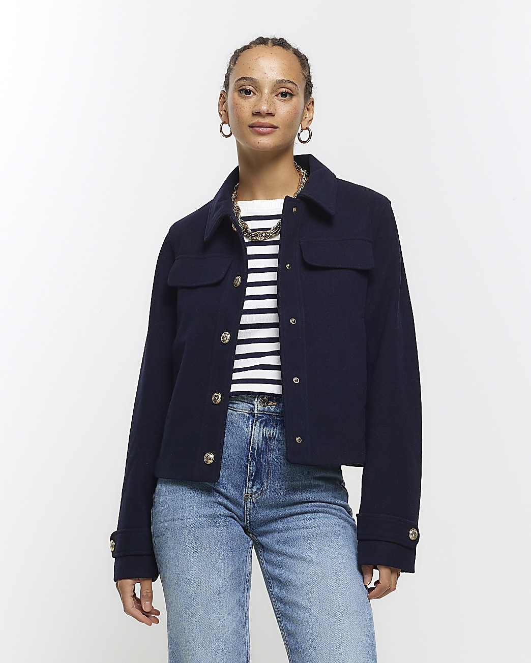 Navy button detail crop jacket | River Island (UK & IE)