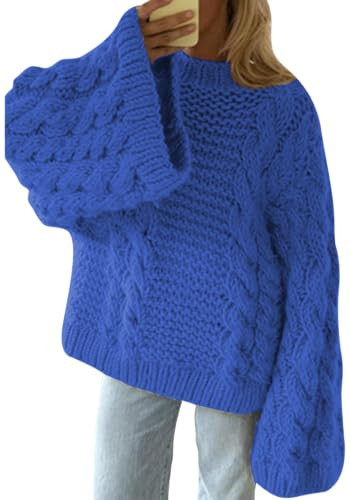 Crewneck Oversized Sweaters for Women Loose Long Sleeves Chunky Tunic Tops Slouchy Baggy Pullover Sweaters Dark Blue | Amazon (US)