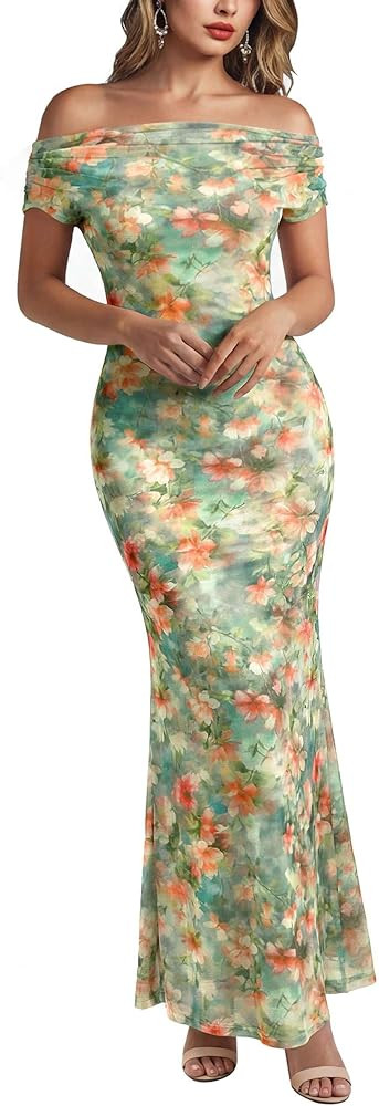 VFSHOW Womens Off The Shoulder Wedding Guest Maxi Long Dress 2026 Sexy Mesh One Shoulder Formal C... | Amazon (US)