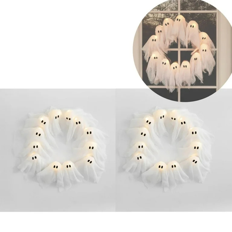 Lit Ghosts Wreath, Halloween Wreaths for Front Door, LED Lighted Wall Decor Battery Operated for ... | Walmart (US)