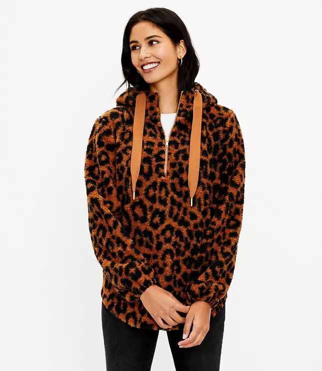 Leopard Print Sherpa Hoodie | LOFT