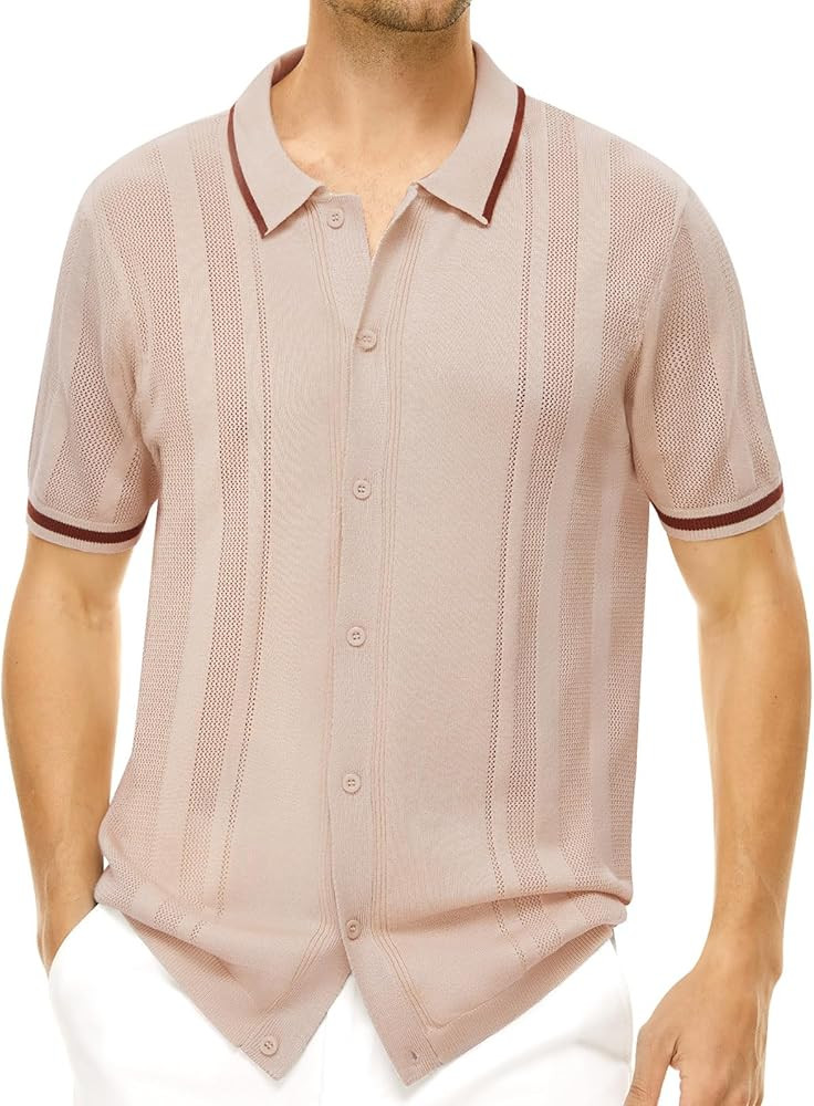 Mens Knit Polo Shirts Short Sleeve Textured Pullover Polo Sweater Button Down Lightweight Golf Sh... | Amazon (US)