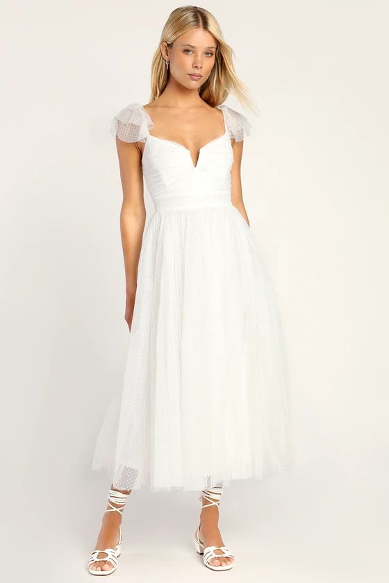 Flirtatious Feeling White Tulle Flutter Sleeve A-Line Midi Dress | Lulus (US)