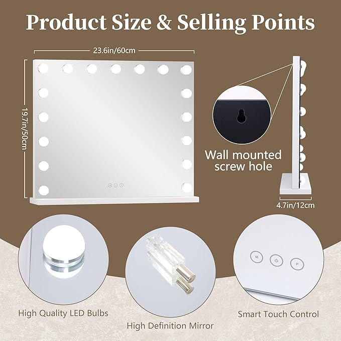 Vanity Mirror with Lights,Makeup Mirror with 17 Dimmable LED Bulbs, 3 Color Lighting Modes Detach... | Amazon (US)