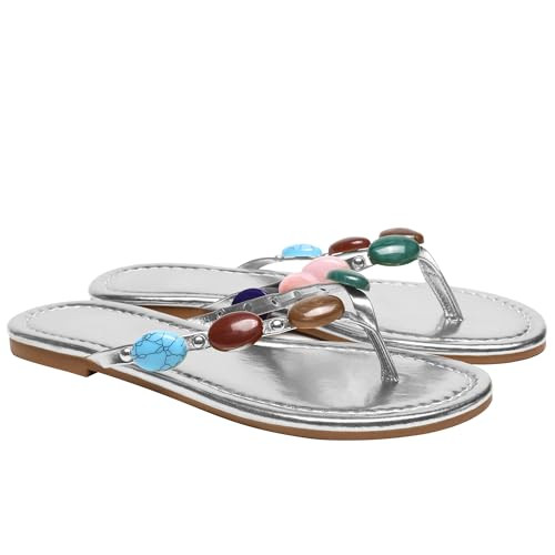 Oakmoo Women Jewelled Thong Strap Open Round Toe Flip Flops Comfy Slip on Flats Sandals Casual Su... | Amazon (US)