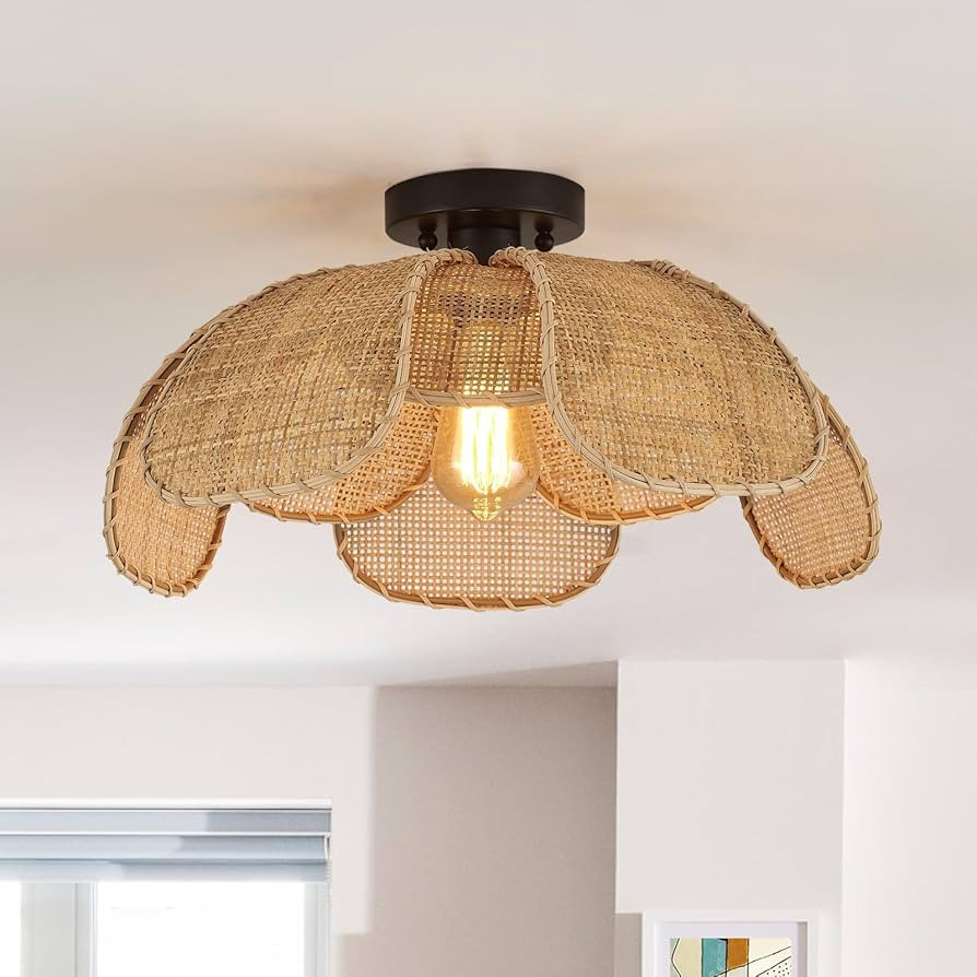 22" Natural Rattan Flush Mount Ceiling Light Fixture， Hemp Rope Wicker Hand-Woven Boho Chandeli... | Amazon (US)