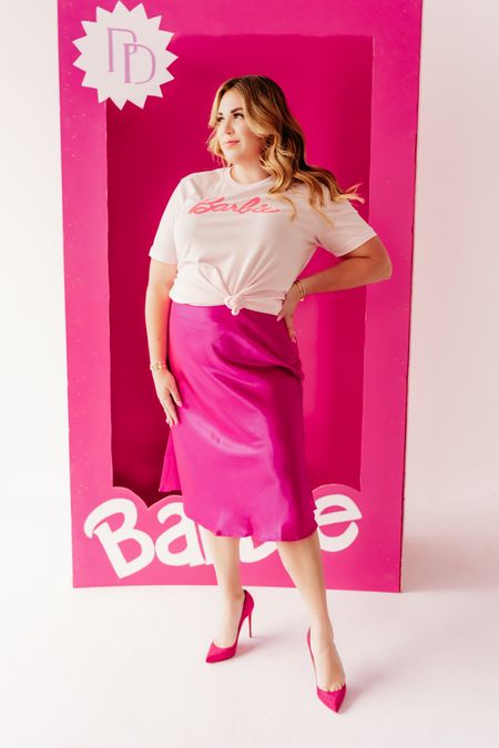 curvy pink Barbie look! wearing size large in Barbie tee and size xl in pink satin skirt! 

#LTKSeasonal #LTKunder50 #LTKcurves