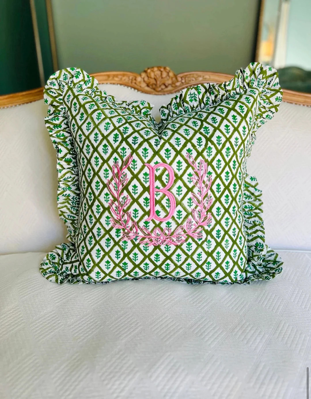 Green Block Print Pillow Cover With Ruffle Trim - Etsy | Etsy (US)