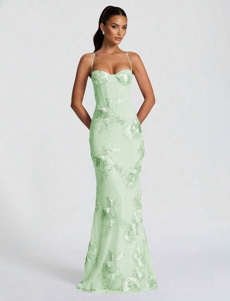Shiny Floral Embroidered Elegant Sexy Semi-Sheer Backless Floral Mesh Dress, Suitable For Party, ... | SHEIN