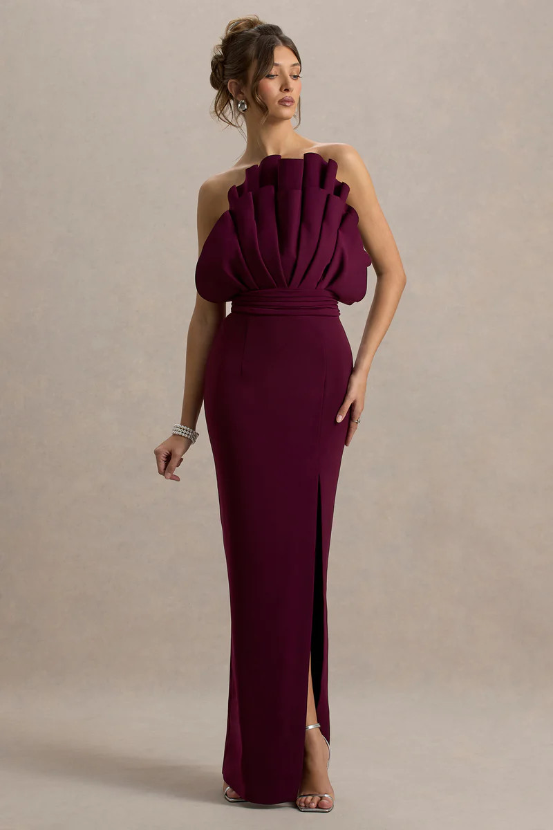Set The Bar  Plum Ruffled Strapless Split Maxi Dress | Club L London