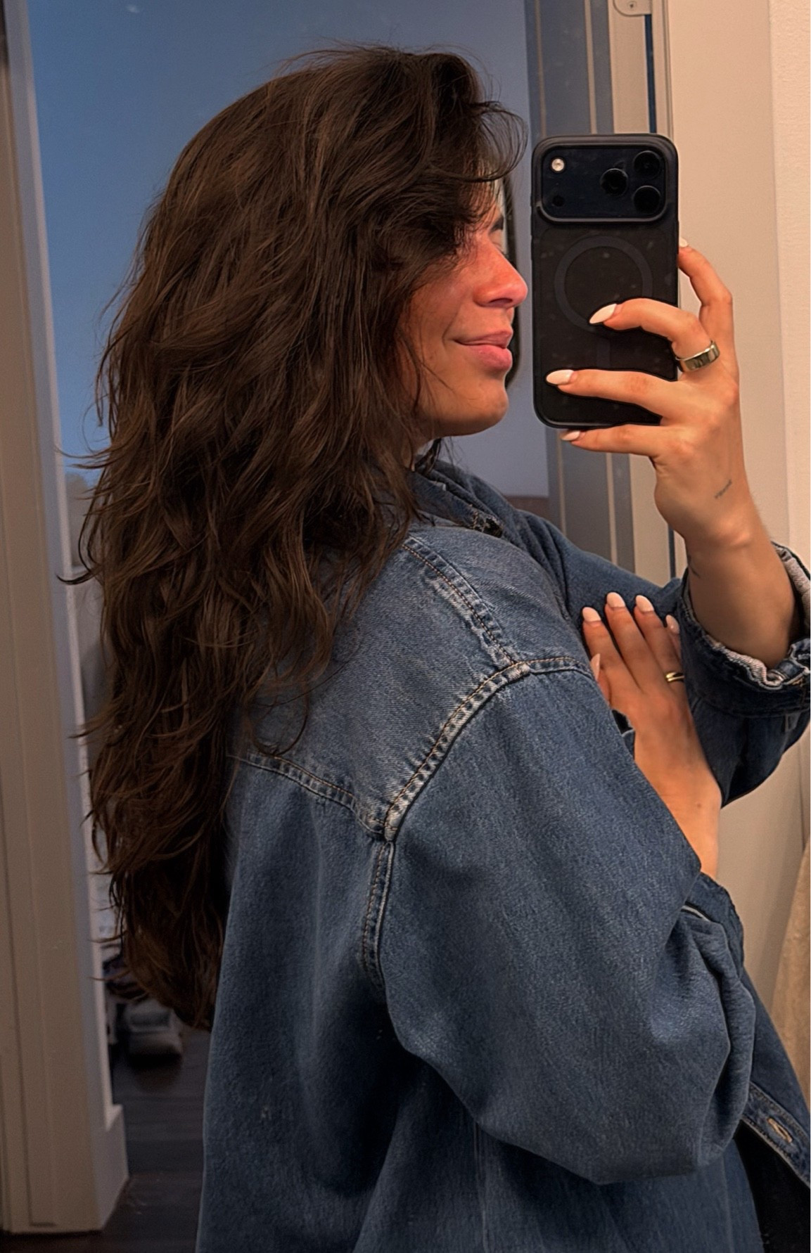 Oversized denim and hair products used!